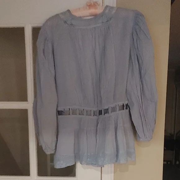 Free People Light Blue Lace Trim Blouse - Picture 4 of 8